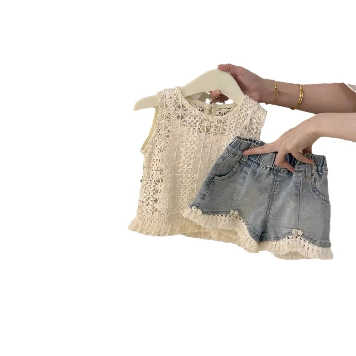 Korea Summer Girls Clothing Sets Kids Hollow t Shirt Vest Denim Shorts 3pcs Clothes Set