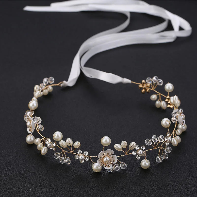 SLBRIDAL Handmade Rhinestones Crystal Pearls Alloy Flower Bridal Headband Hair Vine Wedding Headpieces Women Bridesmaids Jewelry