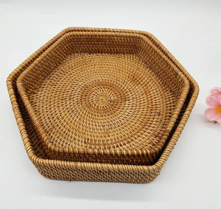 Vietnamese Eco-Friendly Rattan Woven Hexagonal Multifunction Storage Basket for Snack Tea Fruit Plate Organization Kitchen