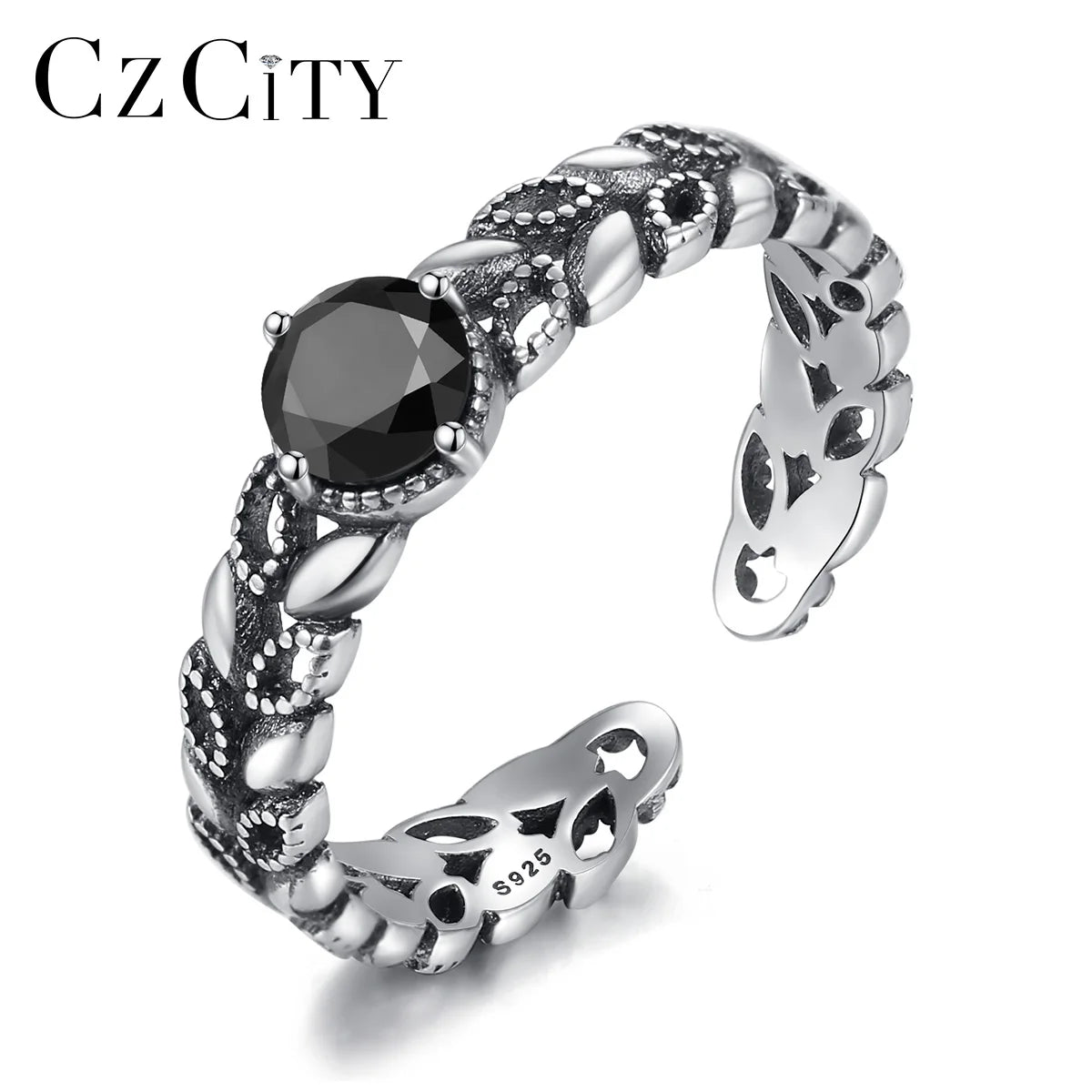 CZCITY Adjustable Woman Latest Design Geometric Jewelry Leaf Finger Silver 925 925Sterling Lady Ring
