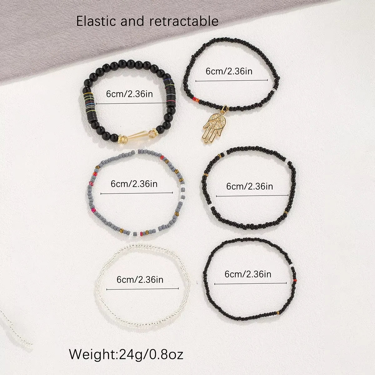 Dainty Fashion Bohemian Clay Beads Elastic Jewelry Multi Layered Rice Bead Palm Pendant Bracelet