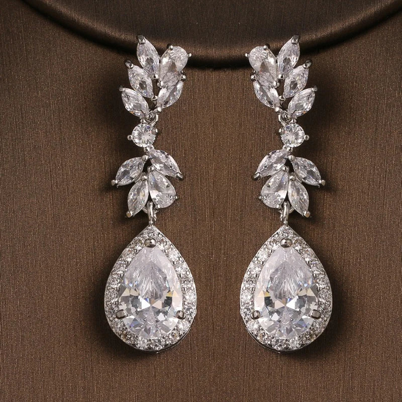 Huitan Elegant Women's Geometric Long Water Drop Zircon Earrings Wedding Engagement Full Zirconia Inlaid Bridal Pendant Earrings