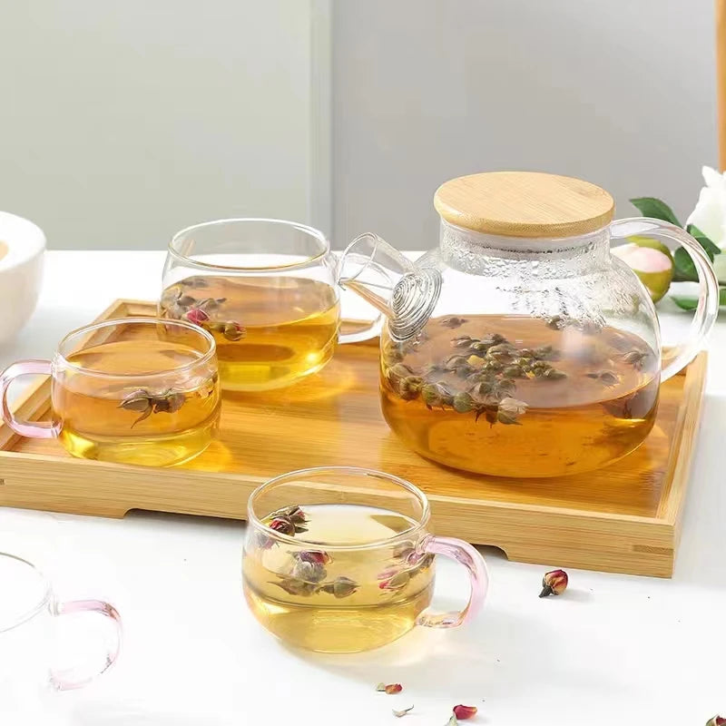 Clear Large Capacity Glass Kettle with Lid Bamboo Wooden Cold Water Cocktail Glass for Home Kitchen Heat Resistant Glassware