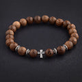Hot Men Natural Wood Beads Cross Bracelets Onyx Meditation Prayer Bead Bracelet Women Wooden Yoga Jewelry Homme