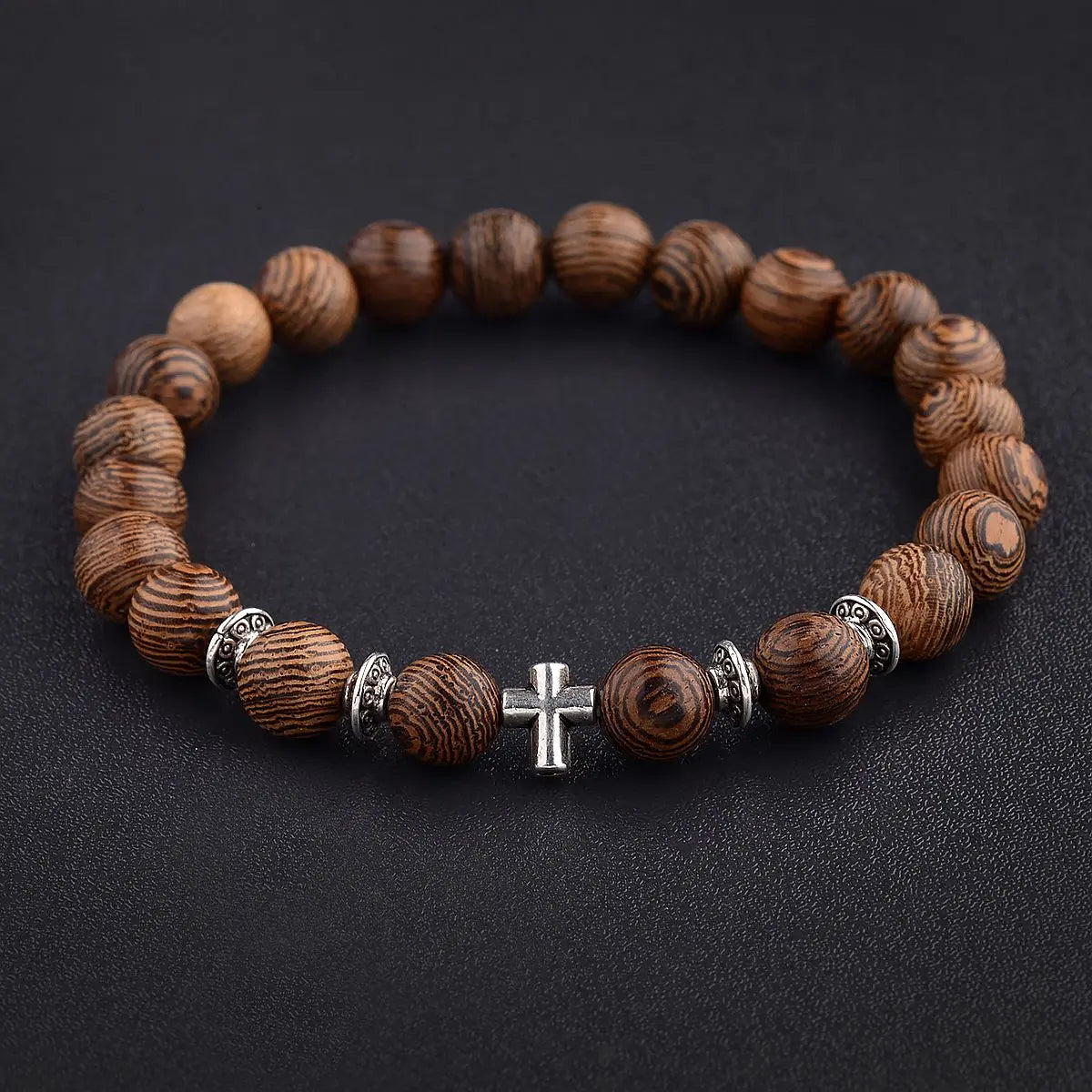 Hot Men Natural Wood Beads Cross Bracelets Onyx Meditation Prayer Bead Bracelet Women Wooden Yoga Jewelry Homme