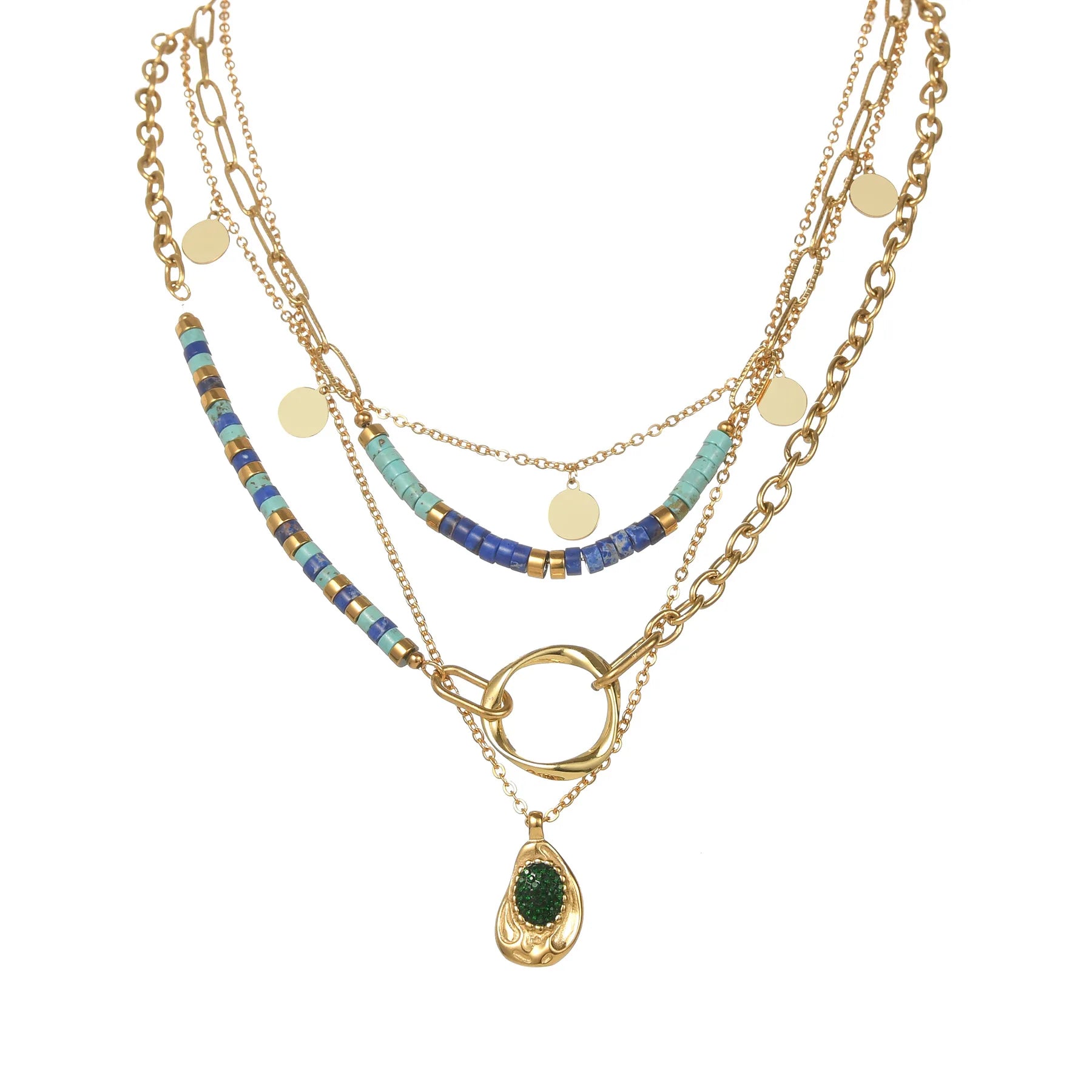 2023 Newest XL Charm Multilayer Necklace for Women Girls Trendy Cute Turquoise Beaded Steel Chain With Plated Stainless Steel