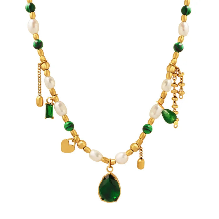 Elegant Personality Palace Style  Womens Jewellery Freshwater Pearl Zircon Jade Turquoise Pendant Link Chain Necklace