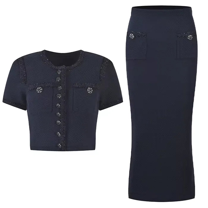 Vintage French Style Lady Knit Suit O-neckline Short Sleeve Single-breasted Short Cardigan Midi Pencil Skirt Women Knit 2 Pieces