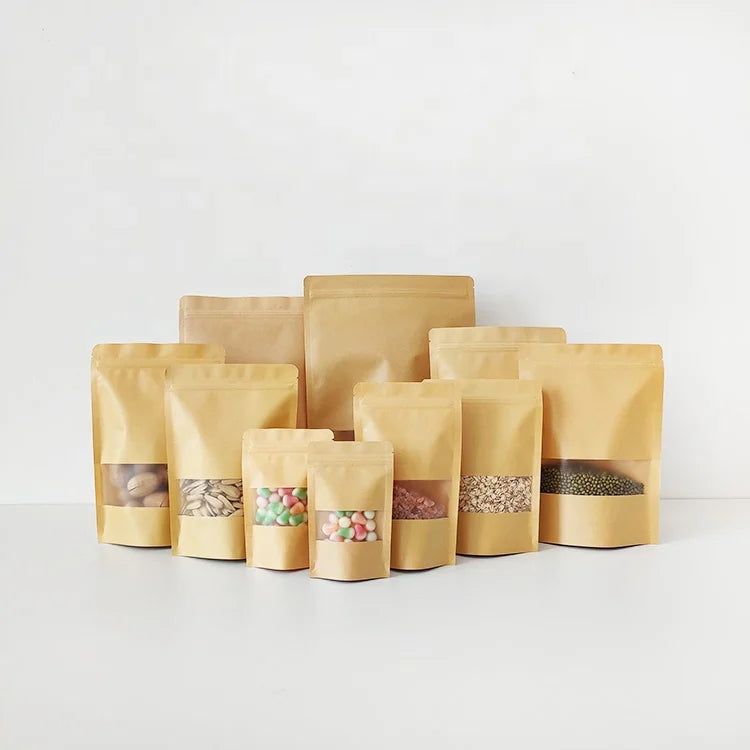 18x26cm Good Quality Brown Ktaft Paper Ziplock Stand up Doy Pack Pouch with Frosted Window