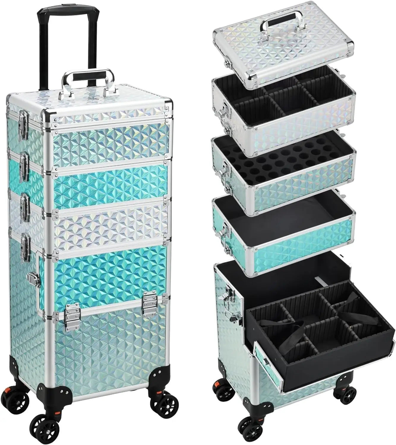 5 1 Customizable Aluminum Rolling Makeup Trolley 360 Degree Swivel Wheels Palette Travel Organizer Cosmetic Storage Box OEM/ODM
