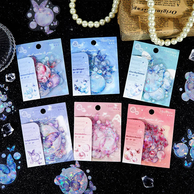 10 Sheets Per Pack Sticker Pack Phantom Butterfly Bubble Series Light Vintage Die-cut Handbook Decoration Material 6 Models