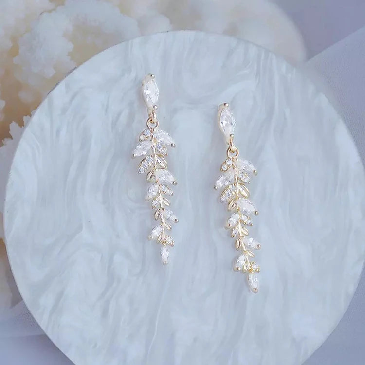 Charm Gold Leaves Earrings Exquisite Crystal Zirconia Stud Earring for Women