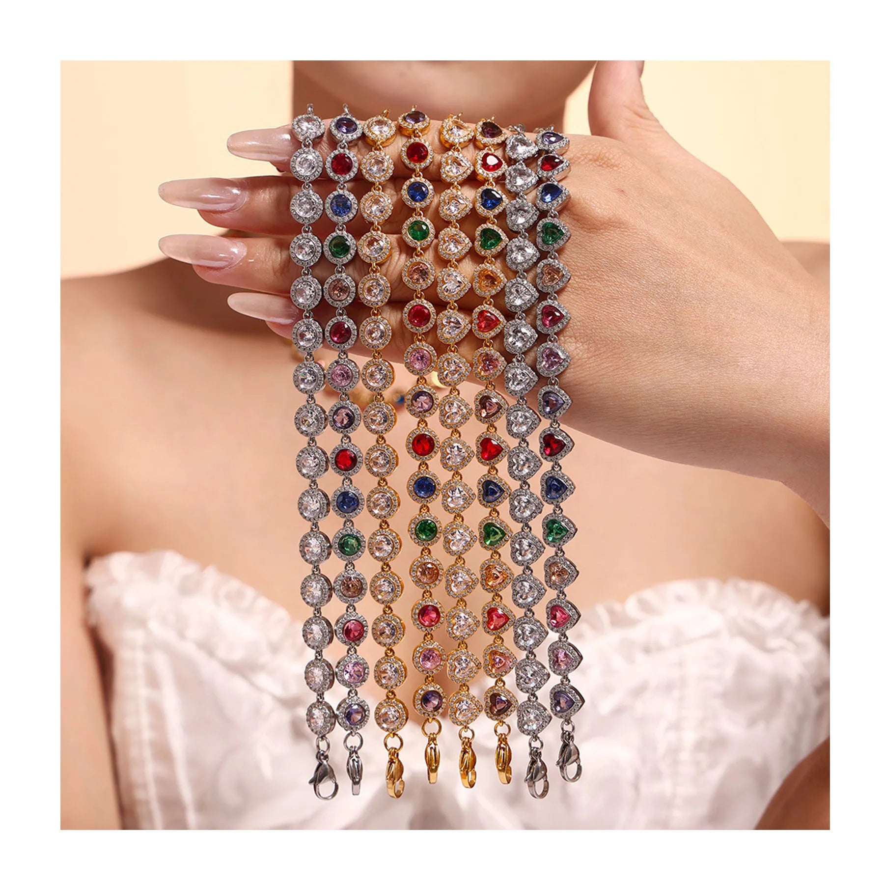 Luxury Colorful Diamond Cubic Zirconia Clustered Heart Tennis Bracelet Waterproof 18K Gold Plated Stainless Steel Bracelet