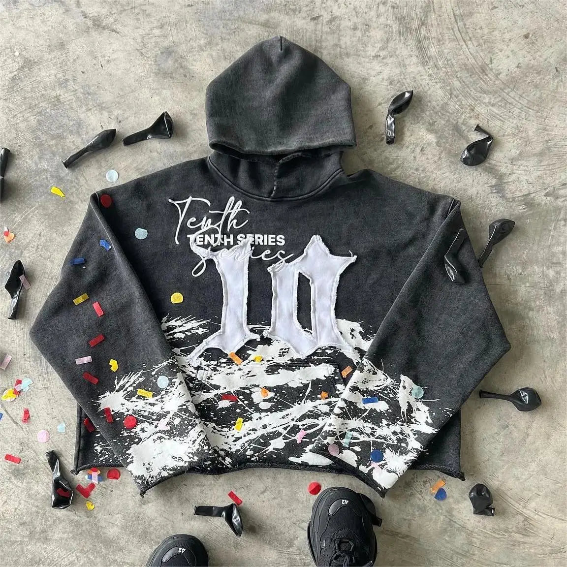 OEM Custom Manufacturer 3D Embroidery Distressed Patch Hoodies Print Cut and Sew Men Cropped Stone Acid Washed Hoodie