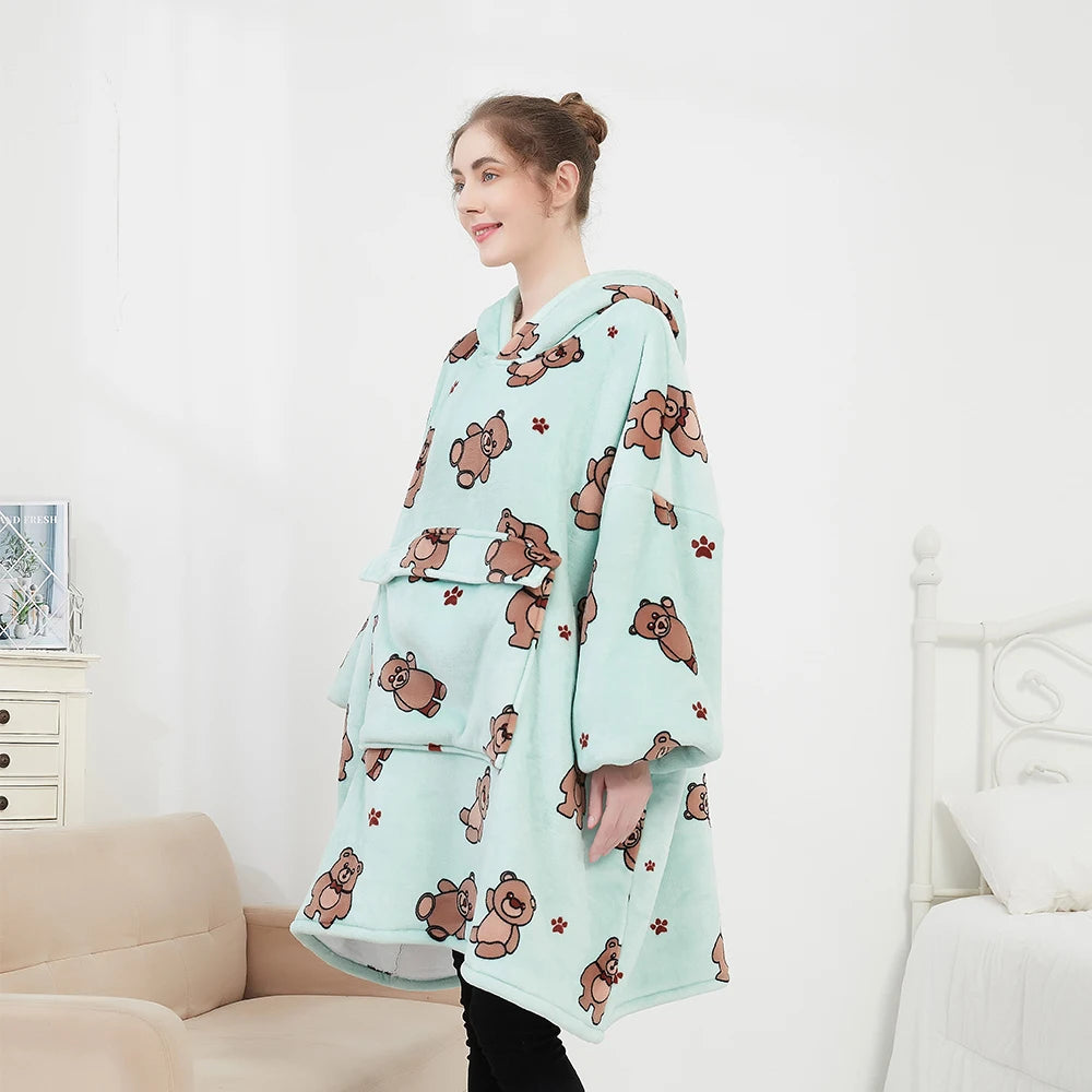 Winter Warm TV Pocket Hooded Blankets Cozy Long Blanket Sweatshirt Wearable Oversized Hoodie Blanket Sweatshirt Unisex