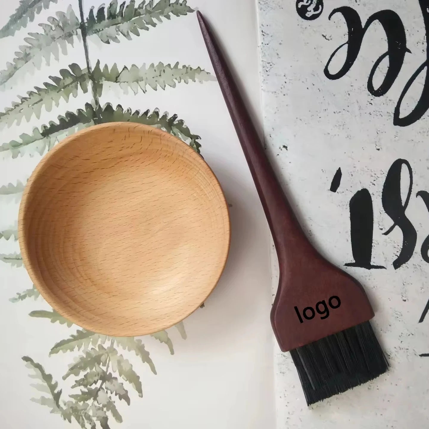 Long Handle Bamboo Bristle Hair Dye Brush Bowl Set Salon Hair Color Mixing Bowl Tinting Brush Dye Coloring Tools Durable Round