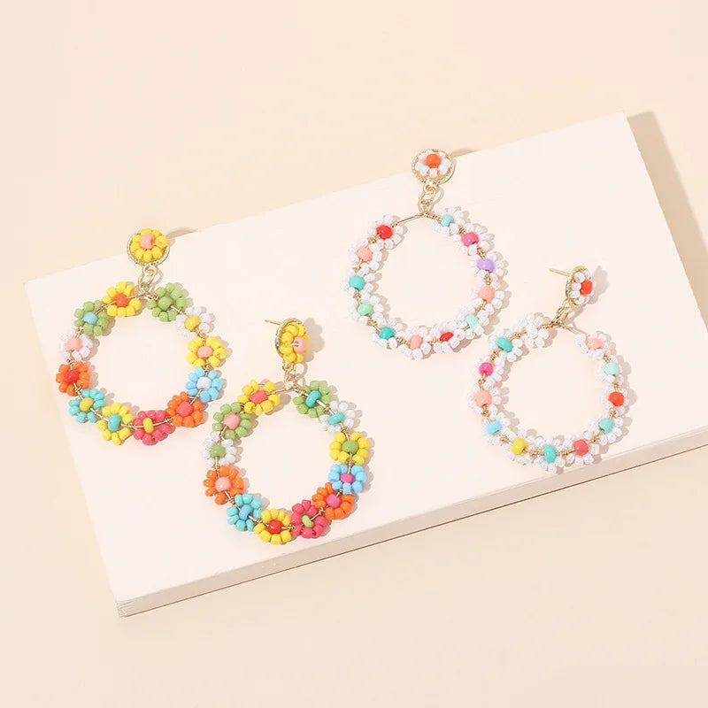 Small Business Colorful Boutique Handmade Fashion Glass Seed Beads Beaded Boho Floral Flower Charm Hoop Dangle Earring Women