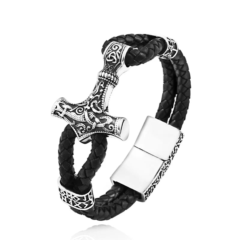 SSL-005L Steel Soldier North Viking Bangle for Men Cuff Bracelet Stainless Steel Genuine Leather Jewelry for Party
