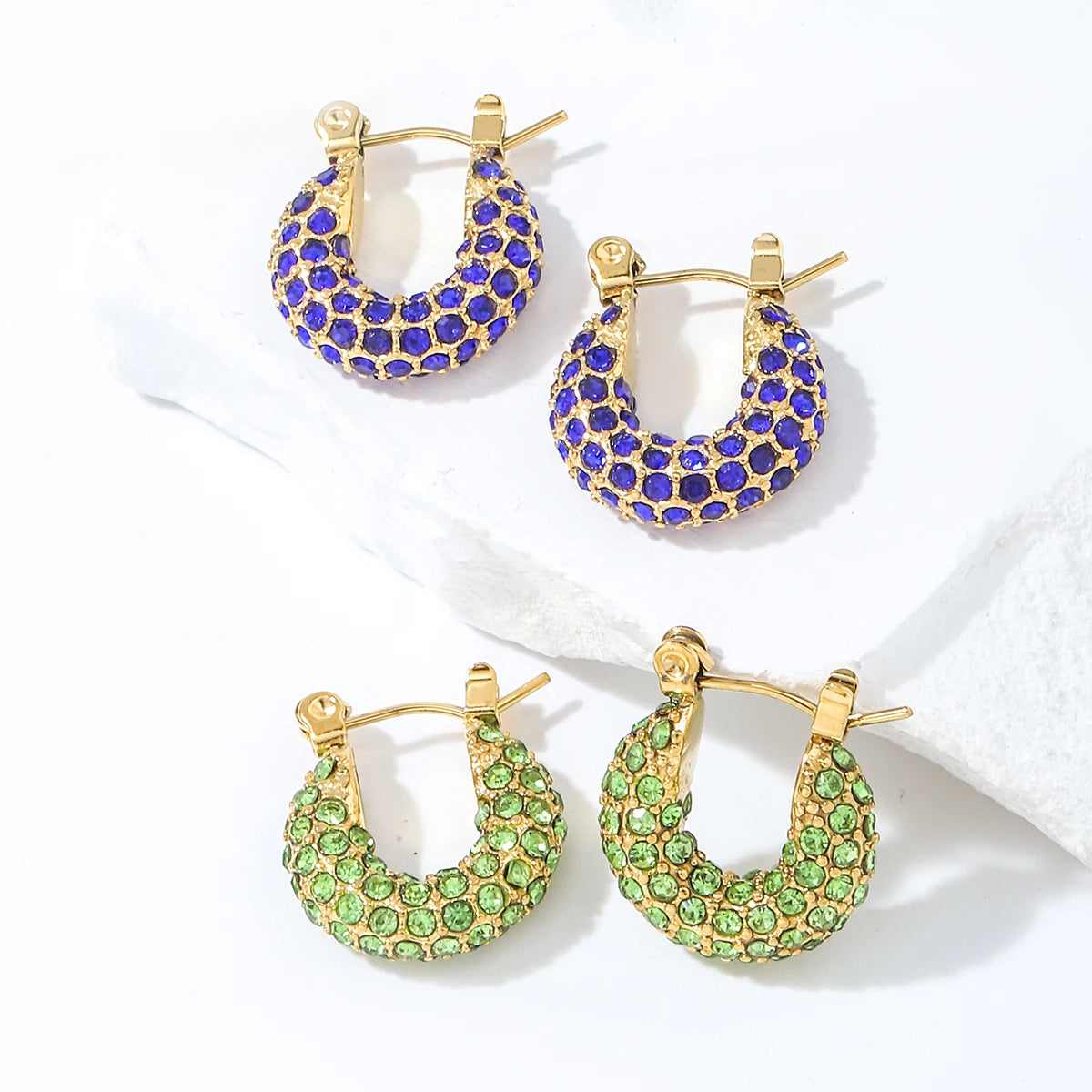 Korean Fashion Golden Earrings Tarnish Free Small Cubic Zircon Chunky Colorful Gemstone Stainless Steel Hoop Huggie Earrings