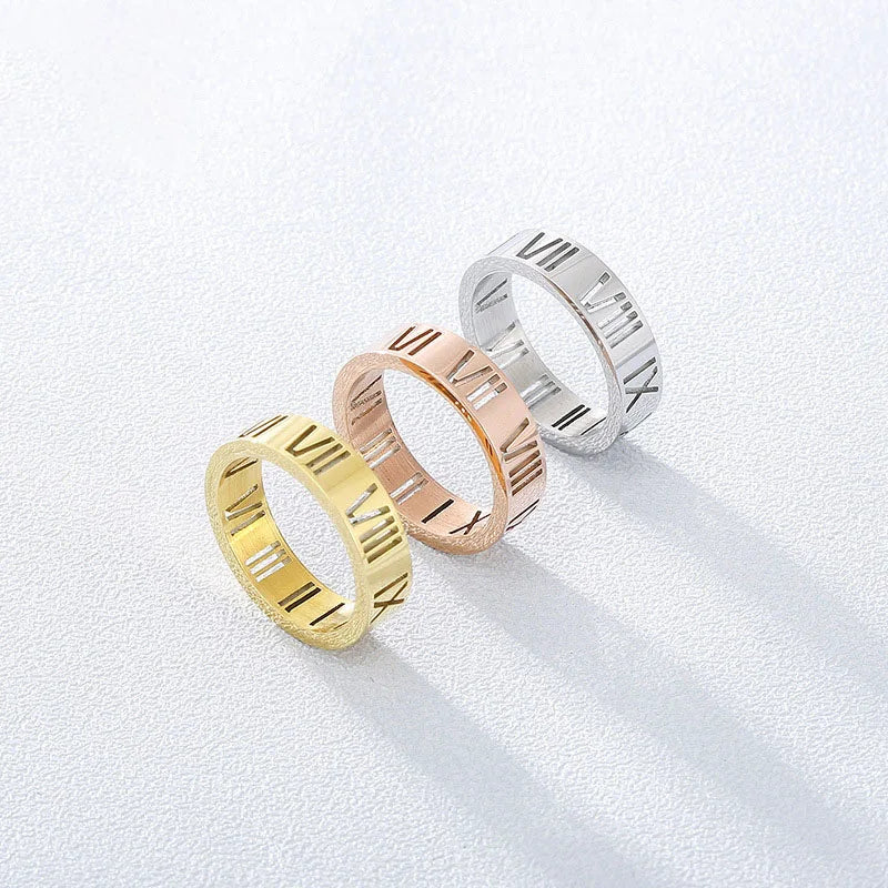G2481 Wholesale Anillos De Acero Inoxidable Titanium Stainless Steel Hollow Roman Number Ring for Women Fashion Jewelry Rings