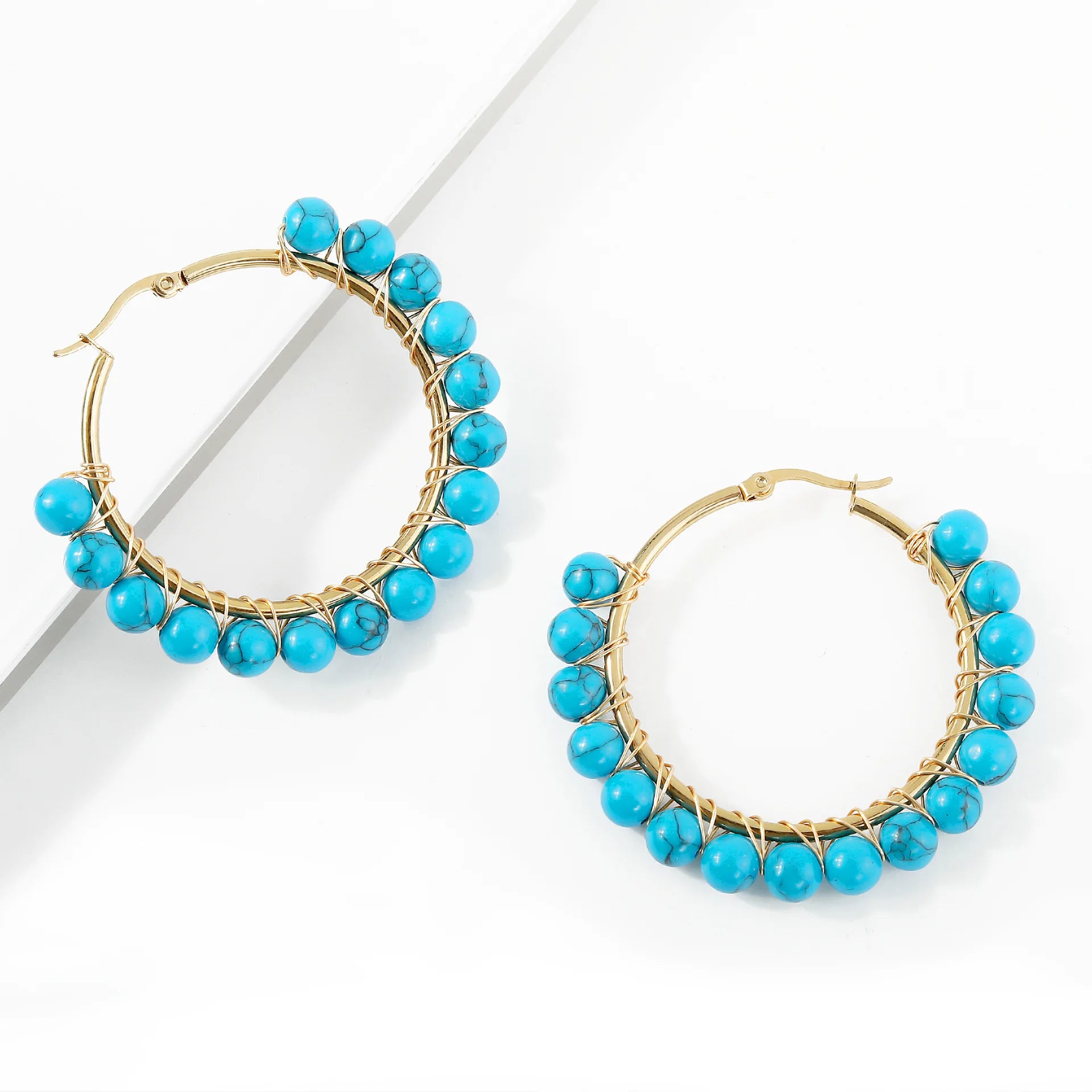 Retro Round 6mm Natural Gem Stone Earrings 18k Gold Plated Stainless Steel Bohemian Turquoise Hoop Earrings