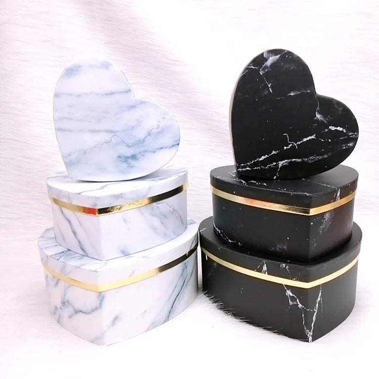 Hot Sale 3-piece Heart-Shaped Box for Bouquets Marble Flower Florist Box Wrapping Basket for Valentine's Day Flower Marble Box
