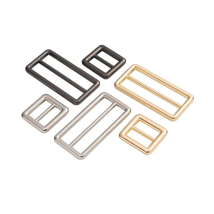 Hot Sale Adjustable Strap Buckles Square Metal Rings Leather Hardware with Brass Glide Buckles for Bags and Belts