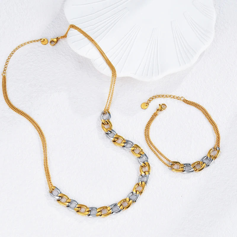 Summer Trendy Dual Color Splicing 18K Gold Plated Stainless Steel Waterproof Tarnish Free Set of Jewelry Bracelets Necklaces