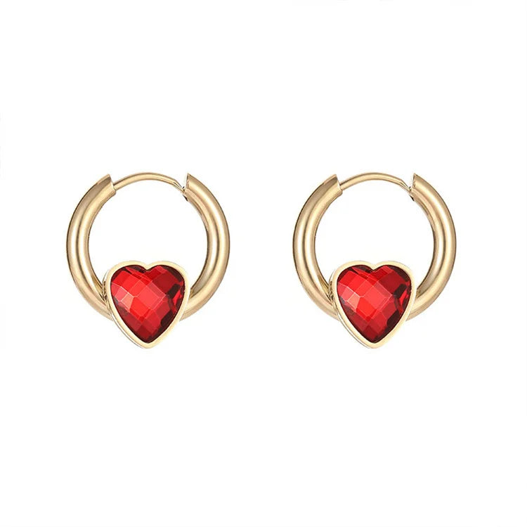 Tarnish Free Stainless Steel Hoop Earring Gold Plated Heart Zircon Charm Earring