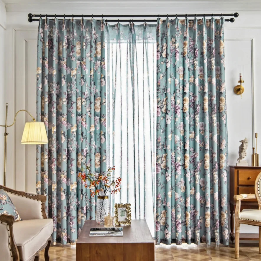 American Country Style Printed Blue Floral Curtain Fabric Printed Curtain Fabric for Living Room and Bedroom