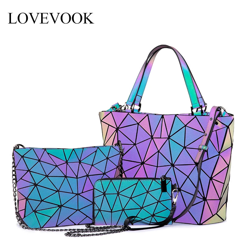 LOVEVOOK Handbags for Women Luxury Designer Geometric Holographic Reflective Luminous Bag Set 3pcs Ladies Purses and Handbag