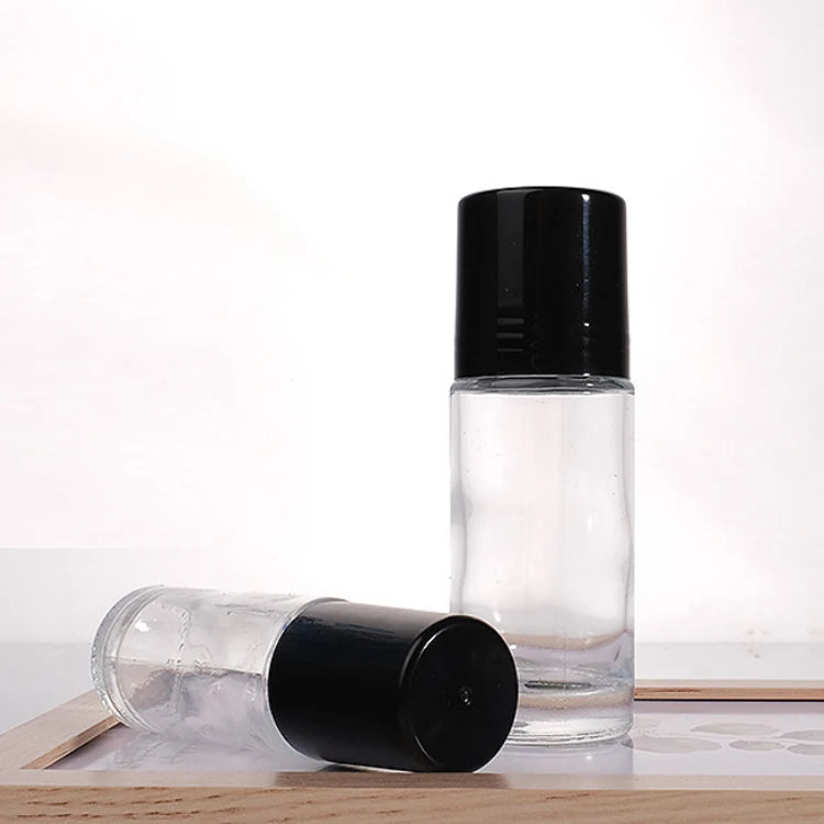 Empty 30ml 50ml Cylindrical Deodorant Container Roller on Glass Bottle with Black Plastic Lid