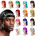 Custom Logo Silky Durags for Men Women Smooth Silk Satin Durag Extra Long Tails and and Wide Straps Outside Seam Triple Stitch