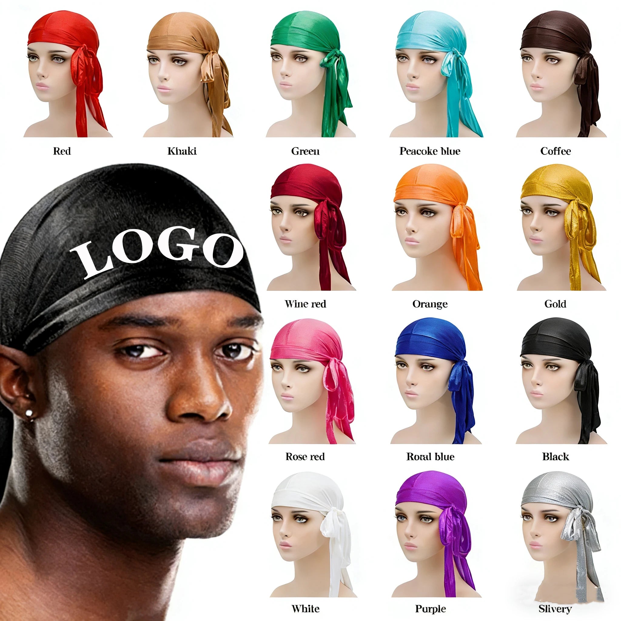 Custom Logo Silky Durags for Men Women Smooth Silk Satin Durag Extra Long Tails and and Wide Straps Outside Seam Triple Stitch