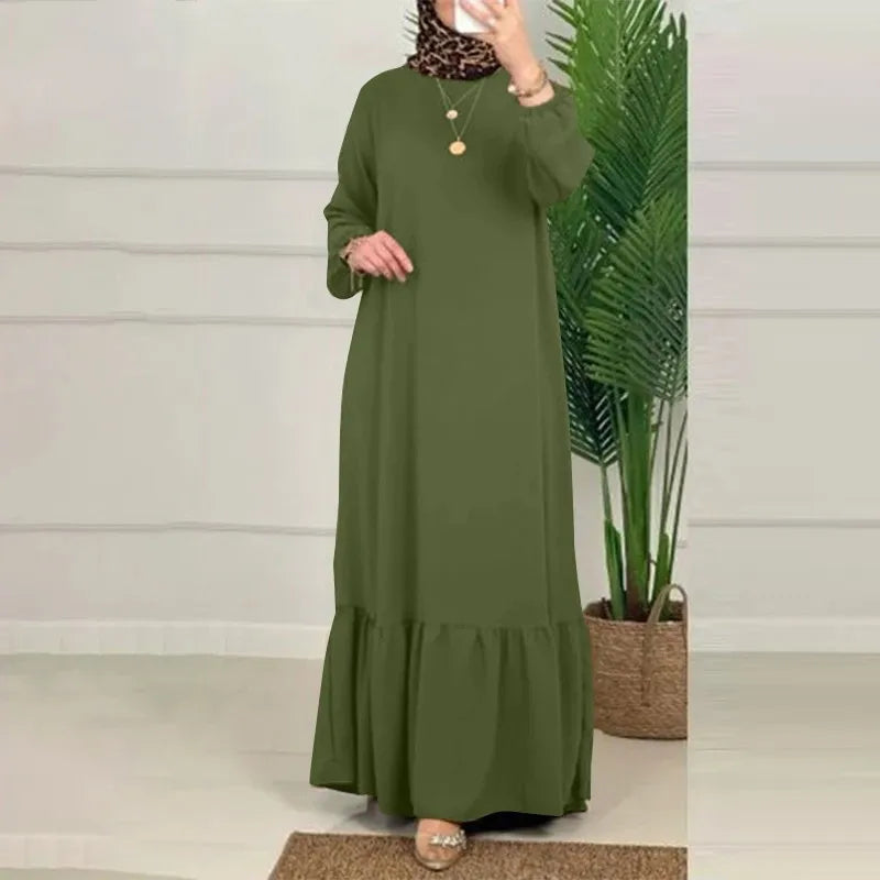 Ruffle Hem Muslim Abaya Women Plus Size Crewneck Long Sleeve Maxi Dress Arabian Dubai Islamic Robe Without Headscarf