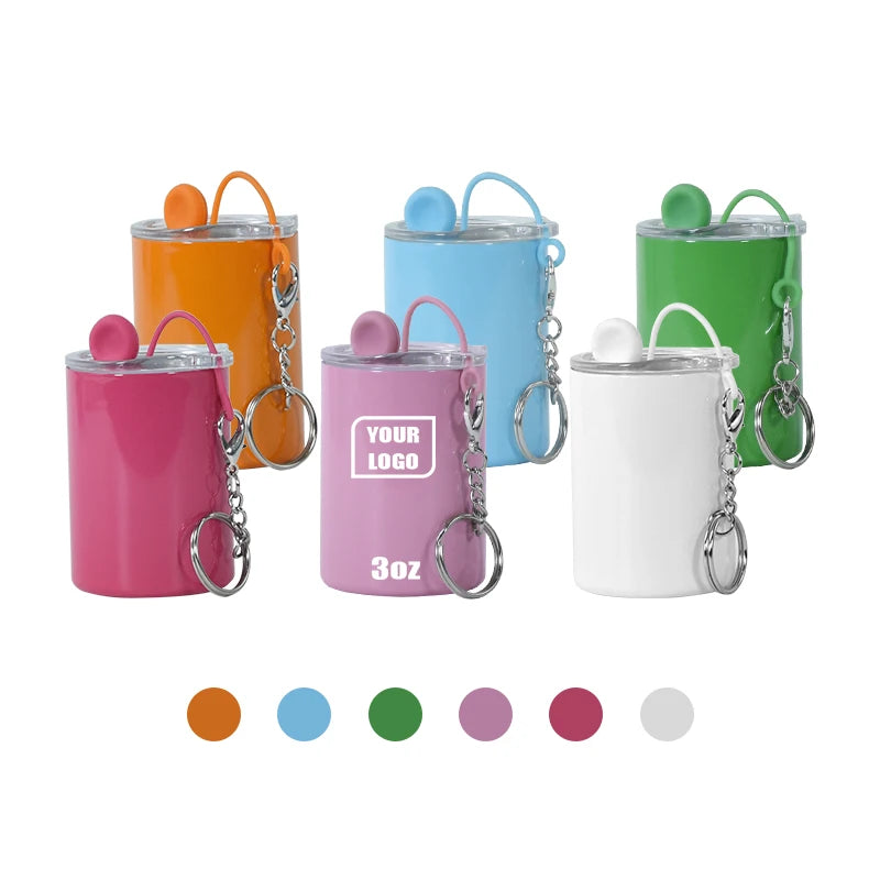 Custom Design Stainless Steel Mini Shot Glass Wisky Cup 3oz Keychain Shot Glass with Lid and Silicone Plug and Metal Straw