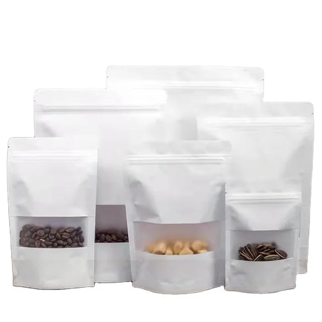 Custom Compostable Kraft Paper Doypack Frosted Window Ziplock Snack Food Packaging Bag for Nuts Biscuits Candies Sugars