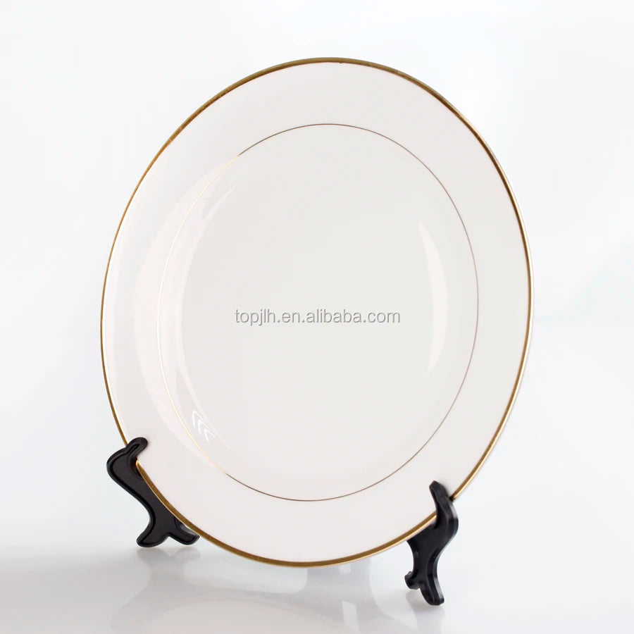 Topjlh Sublimation Ceramic Plate Gold Rim Sublimation Logo Print for Restaurant Dinner White Blank Plates for Turkey Day Use