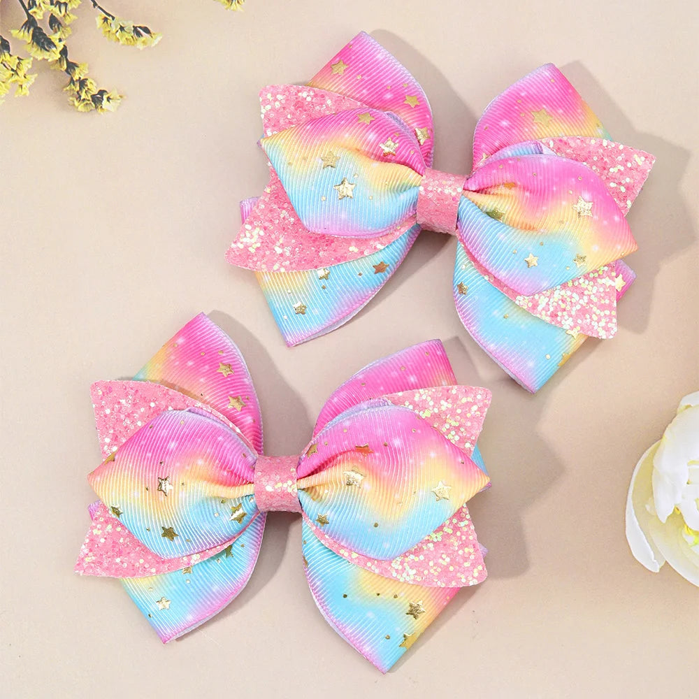 CN 2Pcs Sweet Rainbow Boutique Hair Bow Sparkly Glitter Pigtail Hair Pins with Polka Gold Dot Hair Clip