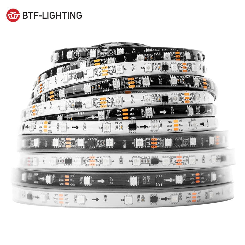 UL Certification Black White Flexible PCB WS2811 Individually Addressable Rainbow Effect Bright RGB Led Strip IP67 65 30