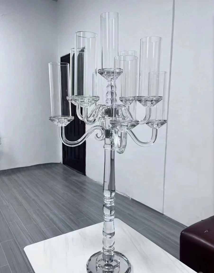 Hot Sell 9 Heads Glass Candleholder Crystal Candelabra for Weddings Table Centerpieces on Sale