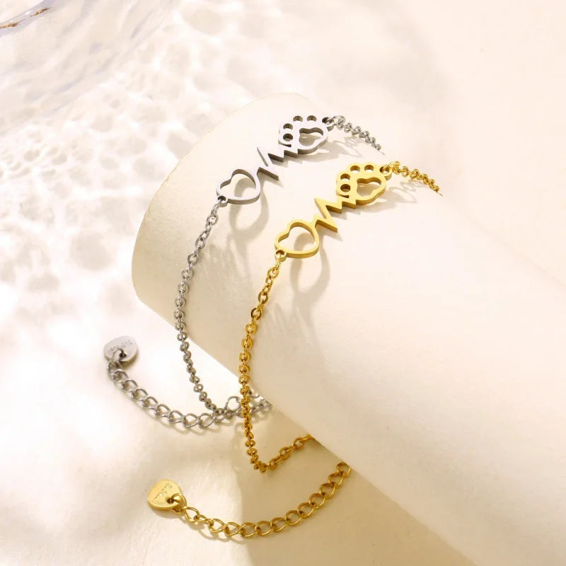 Hot Selling Stainless Steel Electrocardiogram Heart-shaped cat Paw Pendant Bracelet New Smooth Surface Bracelet Wholesale