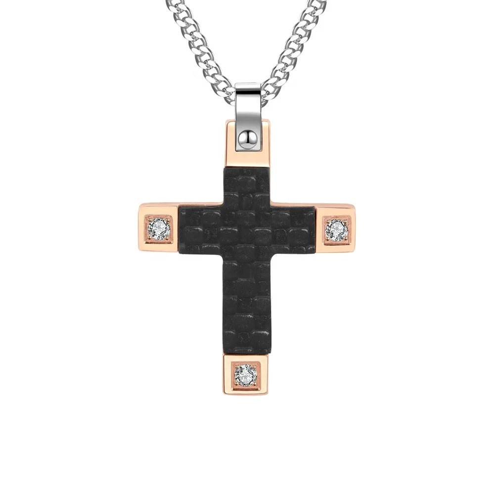 Custom Unique American Style Rose Gold Plating Cross Carbon Fiber Long Necklace With Drills Jewelry Laser LOGO on Pendant