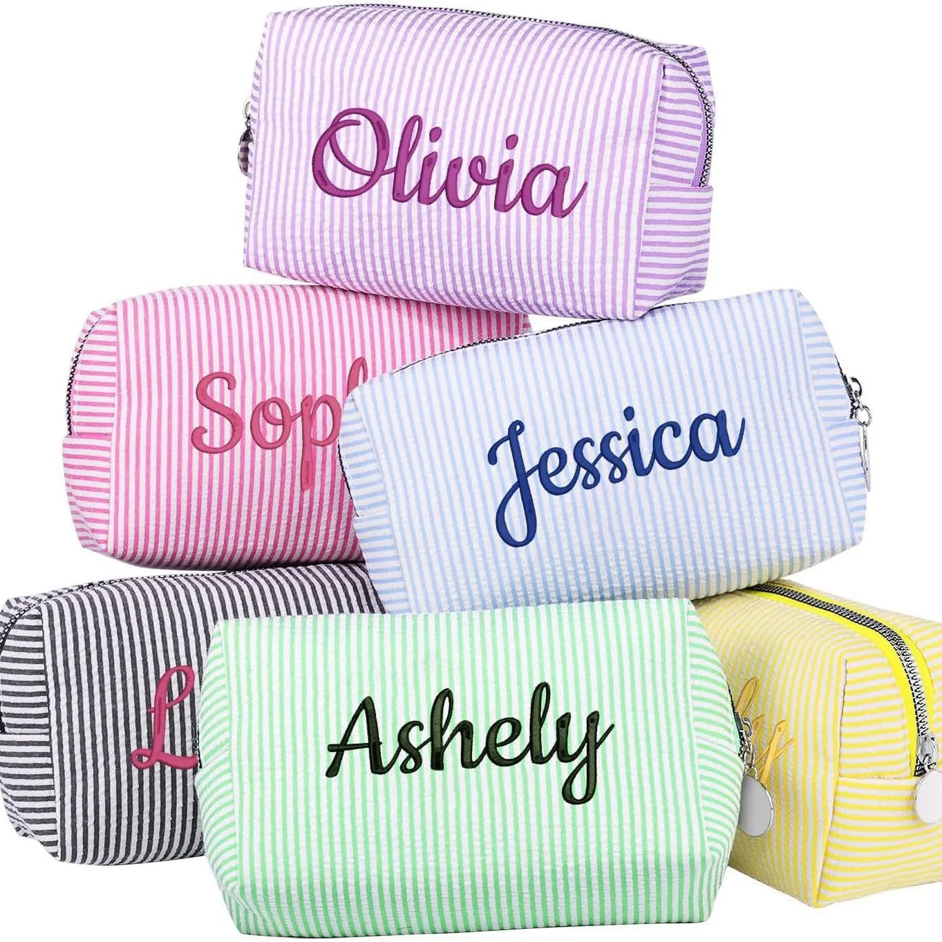 SW Personalized Striped Makeup Bag Custom Embroidered Name Crown Flower Heart Large Capacity Cosmetic Nylon Travel Toiletry Bag