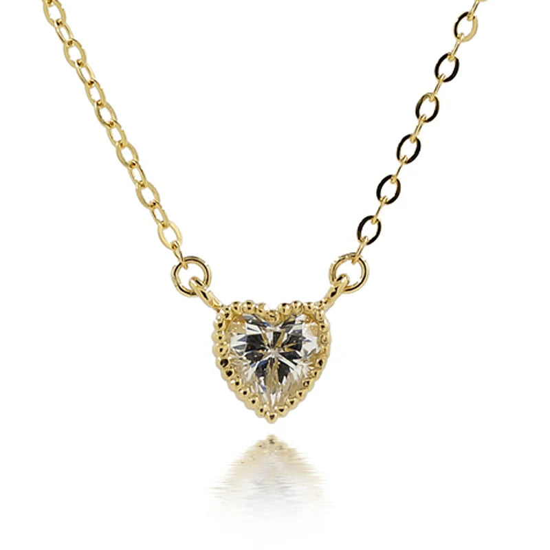 Fine Minimalist Jewelry Waterproof Real Yellow Gold Cubic Zirconia Heart Charm Pendant Necklace 18k Gold for Mom