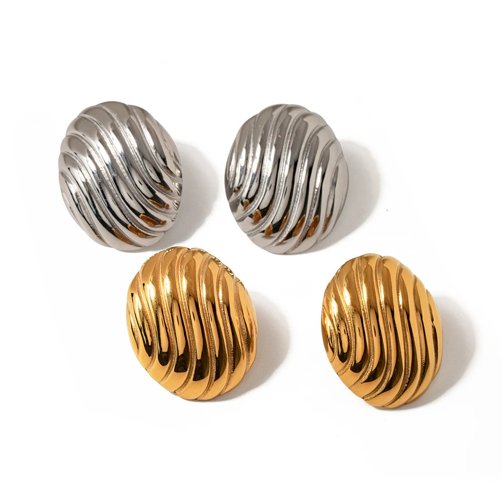 J&D Minimalist Stainless Steel Earrings 18K Gold Plated Women Vertical Strips Oval Stud Earrings