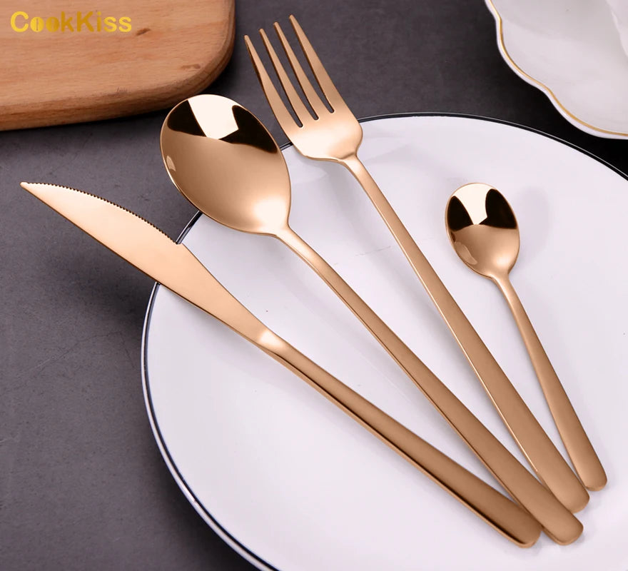 Stocked 18/8 Food Grade Stainless Steel Flatware Gold Plating Korea Style Table Spoon with Mirror Polish for Parties