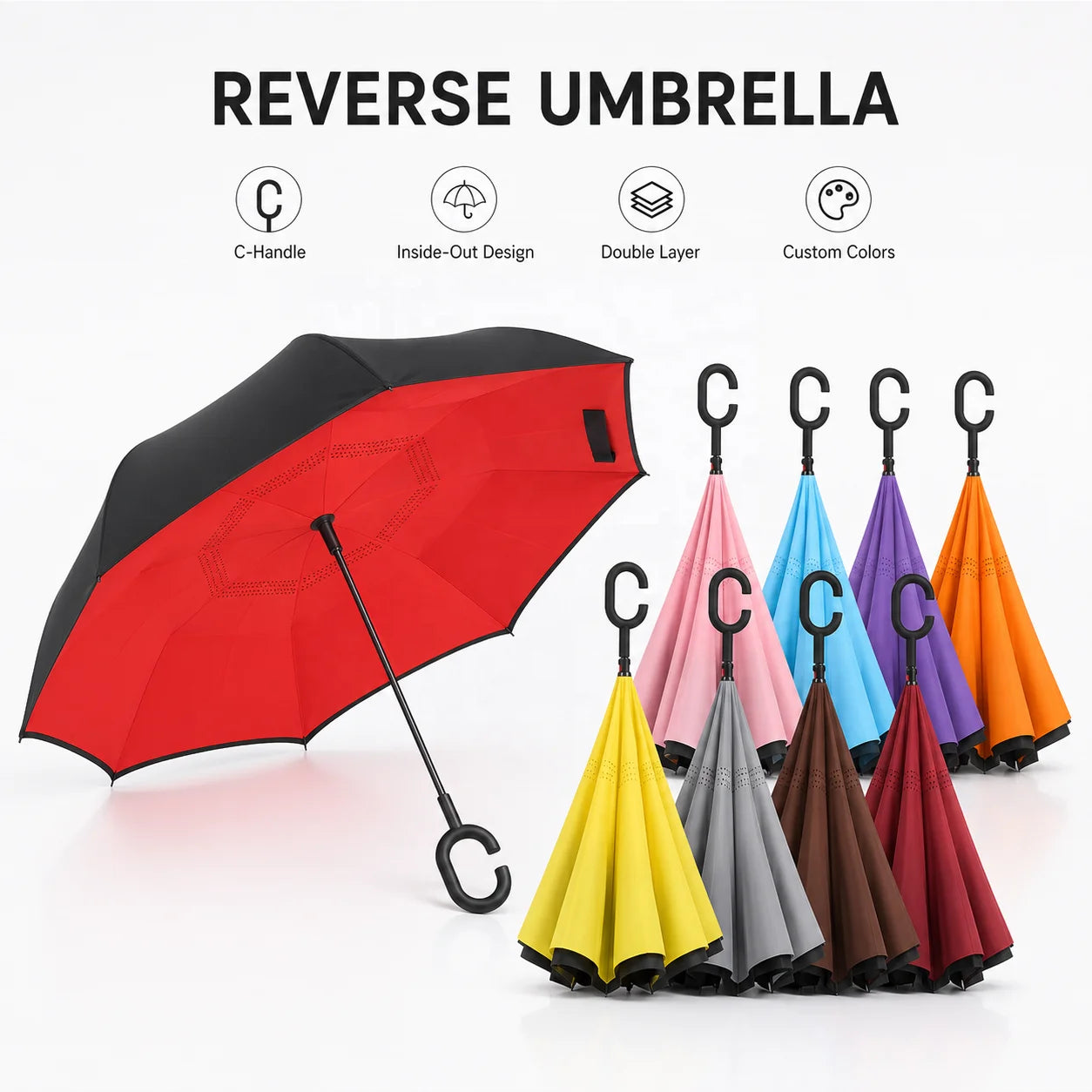 Custom Logo Double Layer Inverted Reverse Umbrella C-Shape Handle Self Standing Straight Rain Umbrella for Promotional Gift