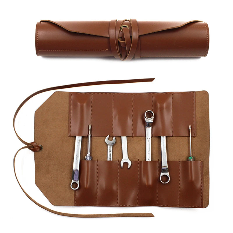 Multi-function PU Leather Tool Roll Bag Foldable Organizer Pouch for Wrench Screwdriver Pliers Camping Portable Tool Holder