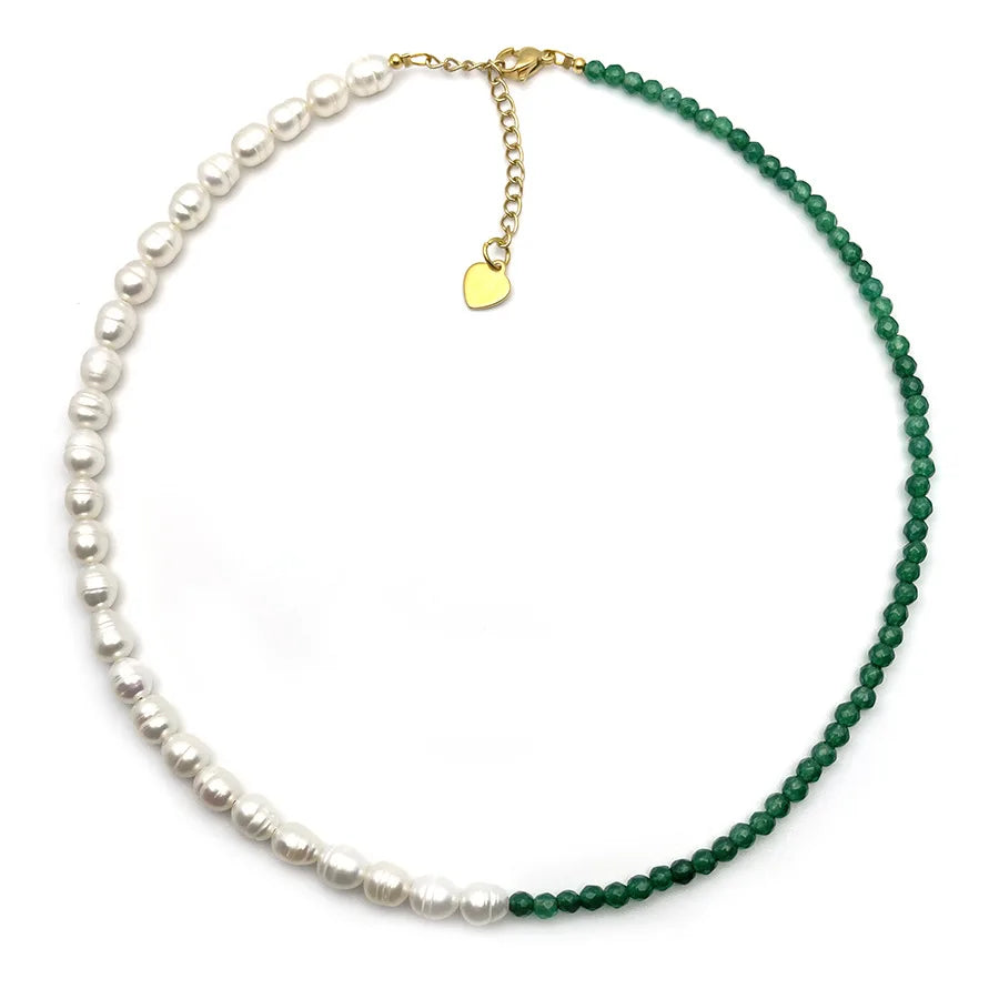 Wholesale 18K Gold Plated Stainless Steel Necklace Handmade Green Jade Gemstone with Natural Freshwater Pearl for Parties Gifts